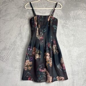 H&M Dark Floral Mini Dress Black‎ Purple Fit and Flare Size 4 Gothic Party